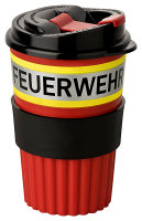 Bio Coffee To-Go Becher, rot mit gelb-silber-gelb Streifen in Feuerwehroptik und Aufdruck "FEUERWEHR", 350ml, griffige Softmanschette